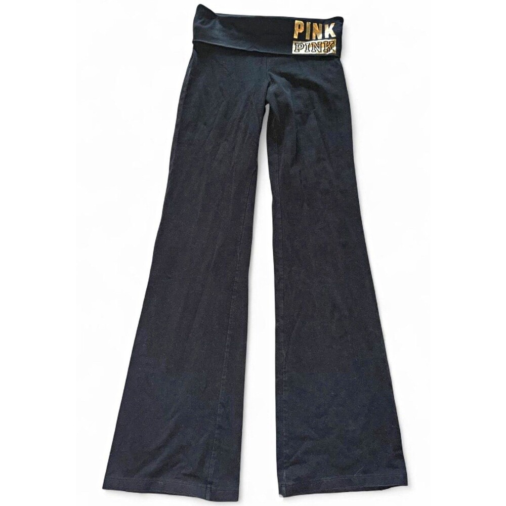 Victoria's Secret PINK black fold over flare leggings with gold design #y2k